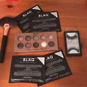 NYX eyeshadow palette, eyelashes, brush & eye mask